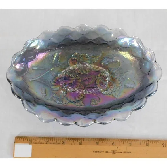 Imperial Glass Pickle Relish Dish Quilted Pansy Smoke Blue Iridescent Carnival - Picture 3 of 6